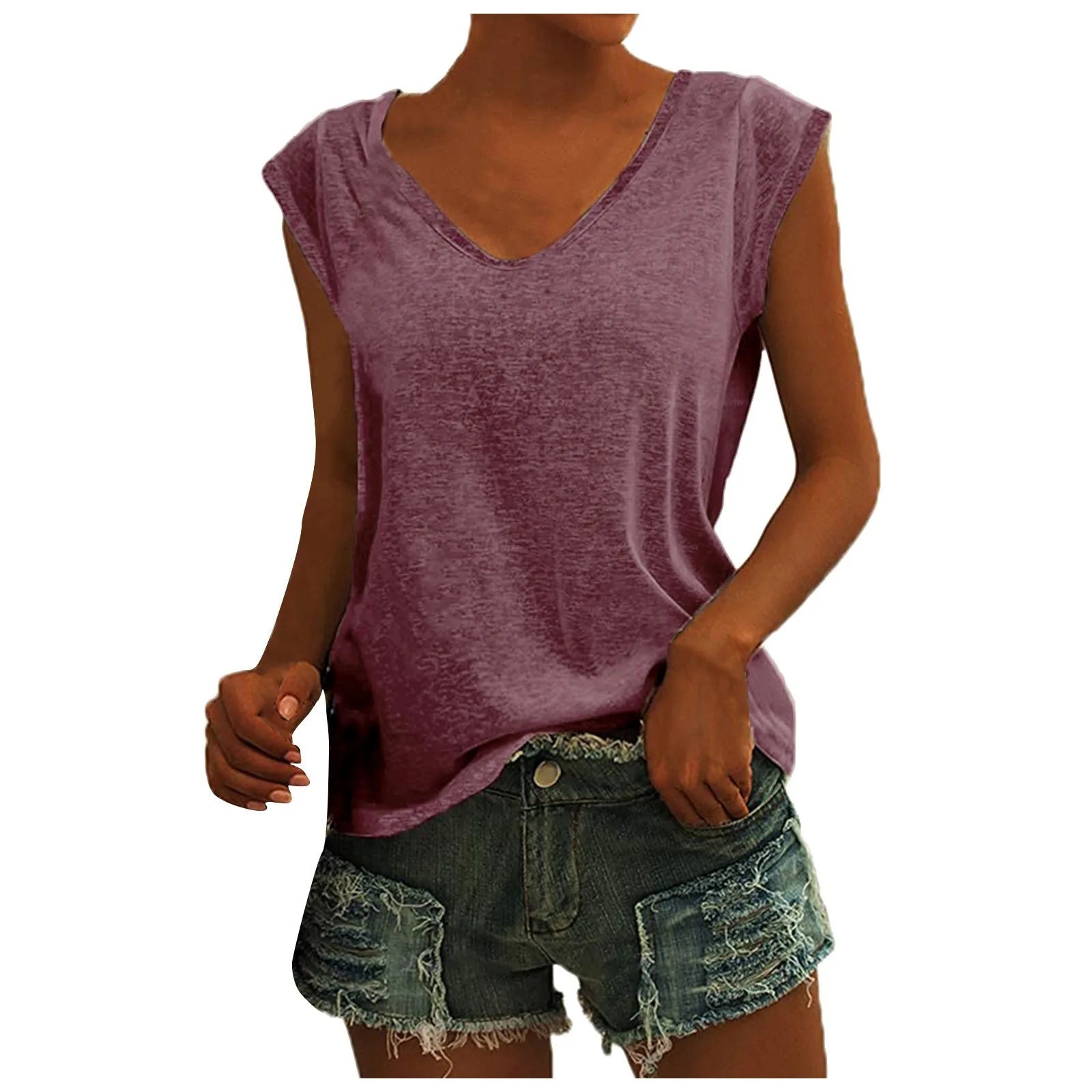 Women's V-Neck Casual Cap Sleeve T-Shirt Loose Fit Solid Color Soft Cotton Blend Blouse Tank Top for Everyday Wear