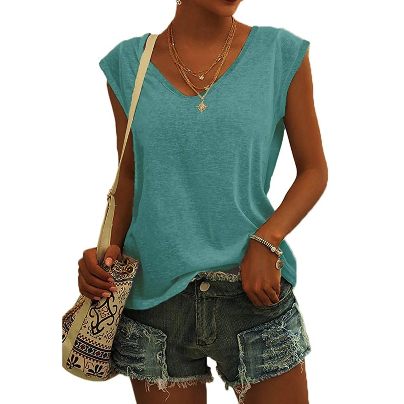 Women's V-Neck Casual Cap Sleeve T-Shirt Loose Fit Solid Color Soft Cotton Blend Blouse Tank Top for Everyday Wear