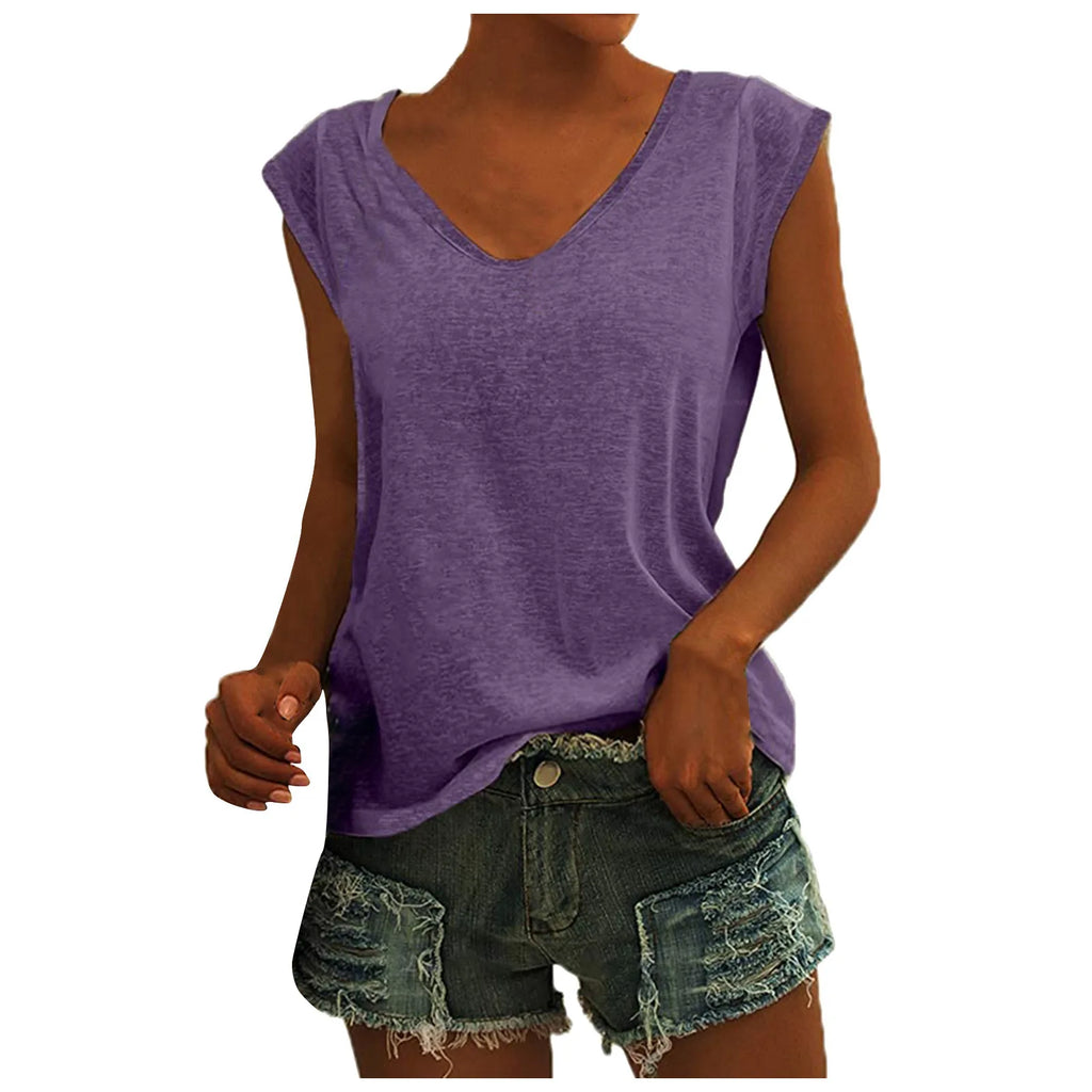 Women's V-Neck Casual Cap Sleeve T-Shirt Loose Fit Solid Color Soft Cotton Blend Blouse Tank Top for Everyday Wear