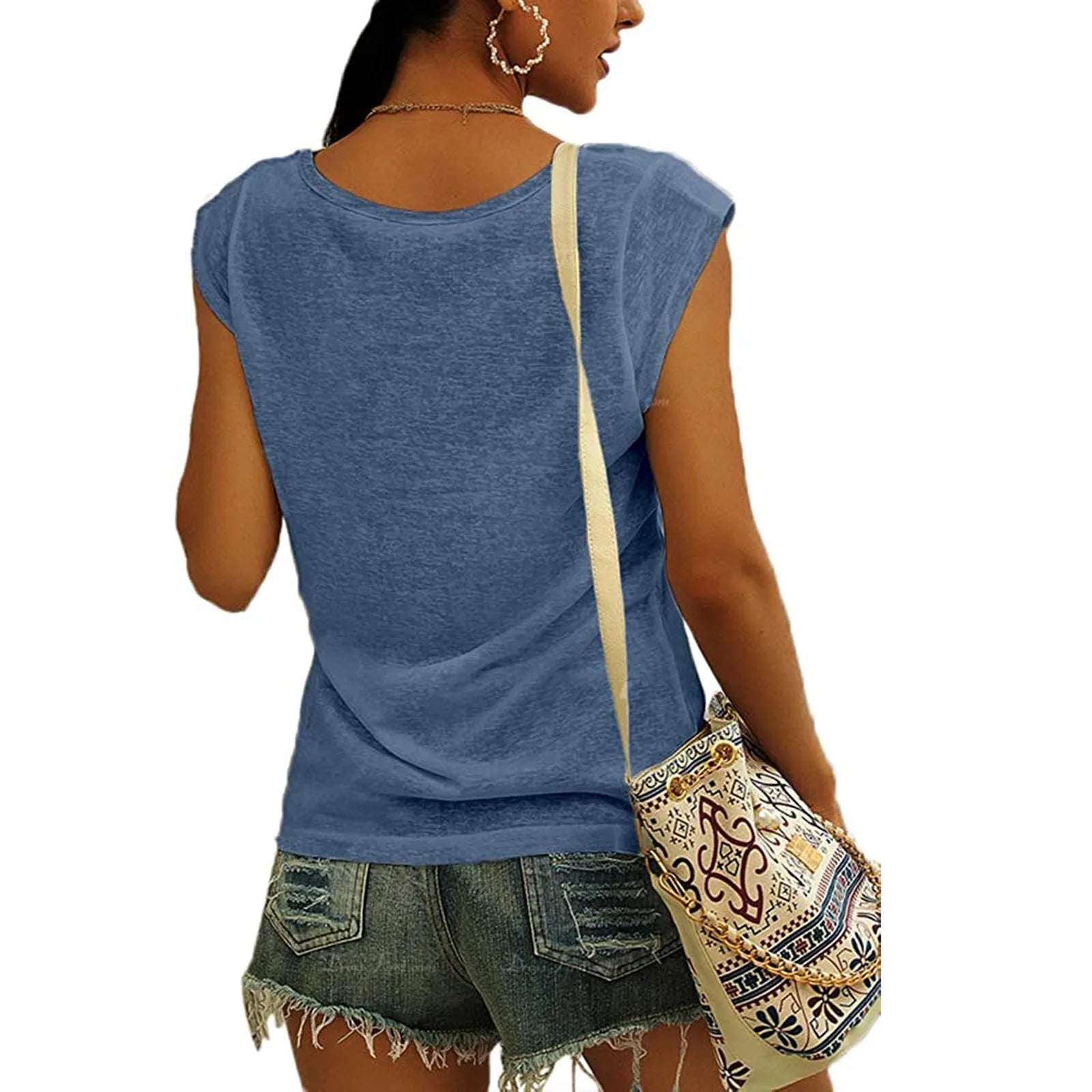 Women's V-Neck Casual Cap Sleeve T-Shirt Loose Fit Solid Color Soft Cotton Blend Blouse Tank Top for Everyday Wear