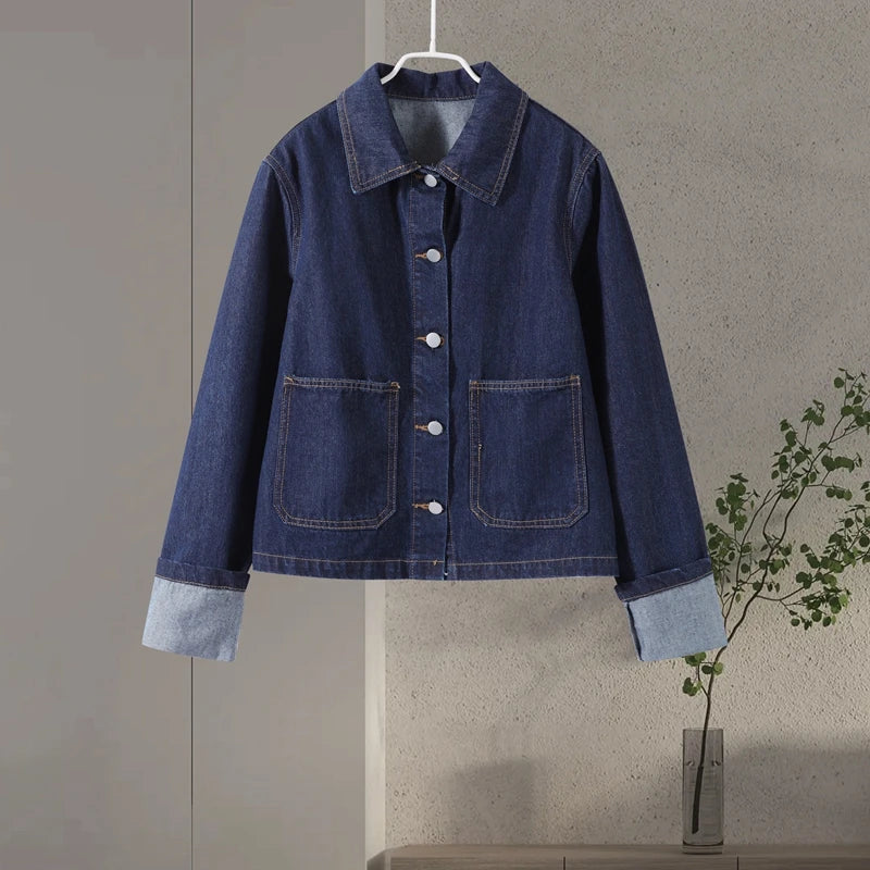 Casual Denim Two-Piece Set for Women Turndown Collar Long Sleeve Single Breasted Jacket with Pockets and Mini Skirt Stylish Summer Outfit