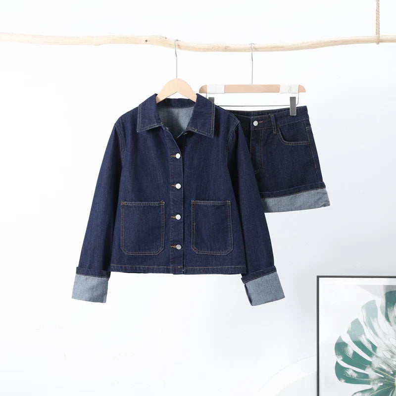Casual Denim Two-Piece Set for Women Turndown Collar Long Sleeve Single Breasted Jacket with Pockets and Mini Skirt Stylish Summer Outfit