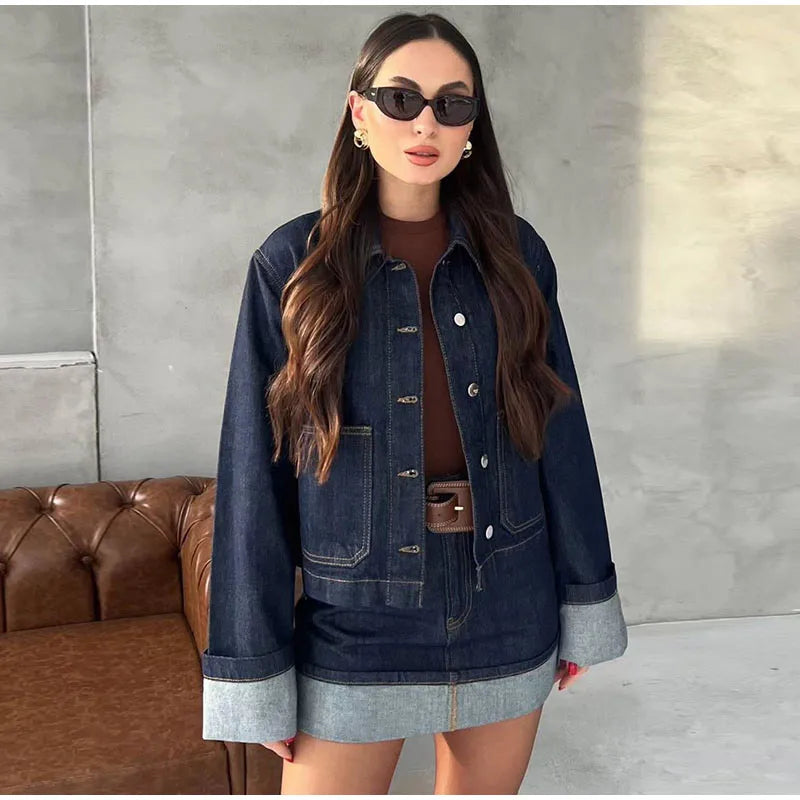 Casual Denim Two-Piece Set for Women Turndown Collar Long Sleeve Single Breasted Jacket with Pockets and Mini Skirt Stylish Summer Outfit