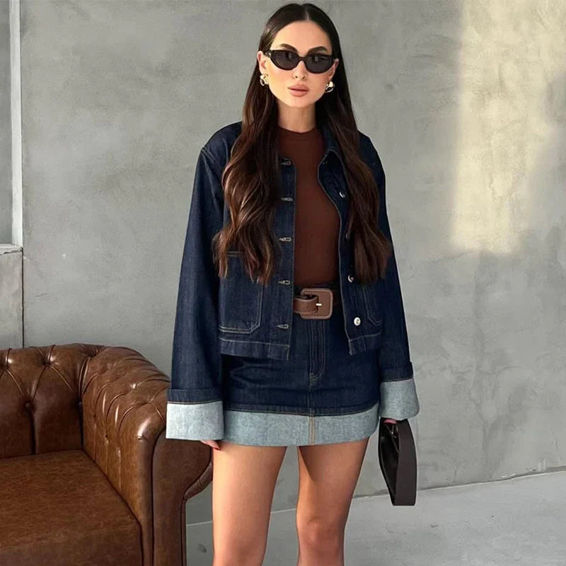 Casual Denim Two-Piece Set for Women Turndown Collar Long Sleeve Single Breasted Jacket with Pockets and Mini Skirt Stylish Summer Outfit