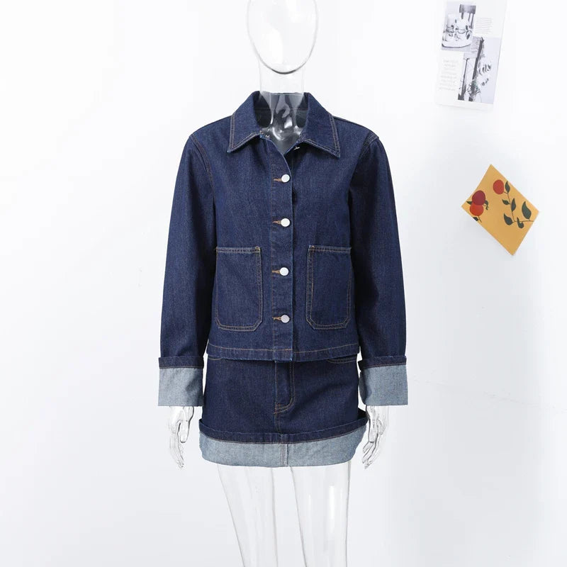Casual Denim Two-Piece Set for Women Turndown Collar Long Sleeve Single Breasted Jacket with Pockets and Mini Skirt Stylish Summer Outfit