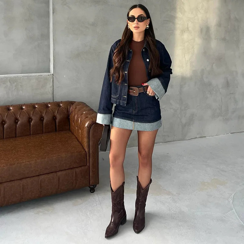 Casual Denim Two-Piece Set for Women Turndown Collar Long Sleeve Single Breasted Jacket with Pockets and Mini Skirt Stylish Summer Outfit