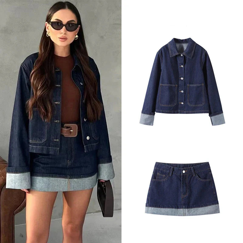 Casual Denim Two-Piece Set for Women Turndown Collar Long Sleeve Single Breasted Jacket with Pockets and Mini Skirt Stylish Summer Outfit