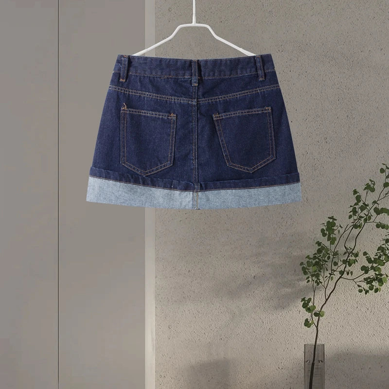 Casual Denim Two-Piece Set for Women Turndown Collar Long Sleeve Single Breasted Jacket with Pockets and Mini Skirt Stylish Summer Outfit