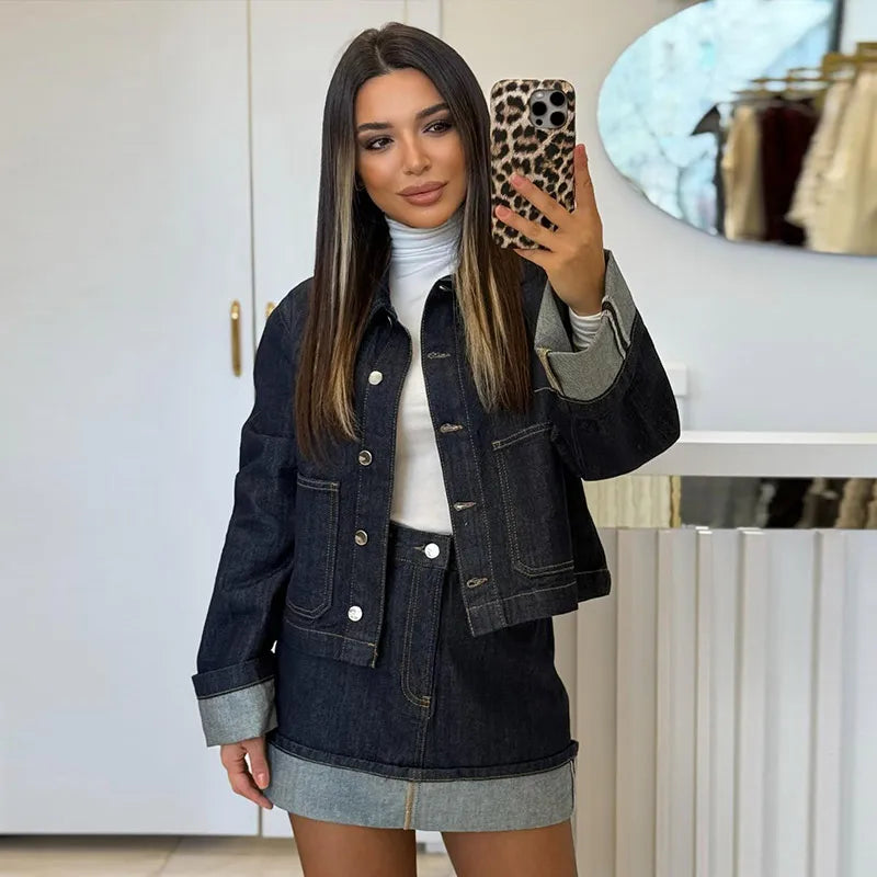 Casual Denim Two-Piece Set for Women Turndown Collar Long Sleeve Single Breasted Jacket with Pockets and Mini Skirt Stylish Summer Outfit