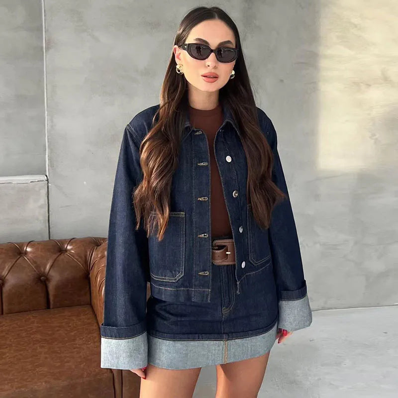 Casual Denim Two-Piece Set for Women Turndown Collar Long Sleeve Single Breasted Jacket with Pockets and Mini Skirt Stylish Summer Outfit