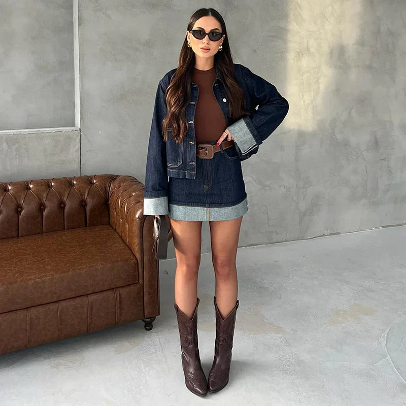 Casual Denim Two-Piece Set for Women Turndown Collar Long Sleeve Single Breasted Jacket with Pockets and Mini Skirt Stylish Summer Outfit