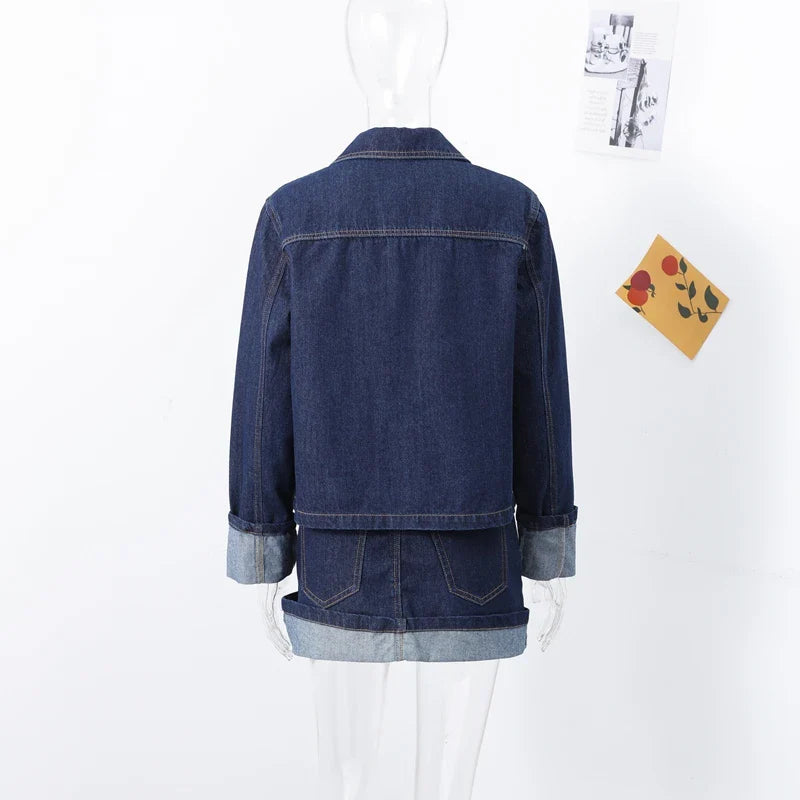 Casual Denim Two-Piece Set for Women Turndown Collar Long Sleeve Single Breasted Jacket with Pockets and Mini Skirt Stylish Summer Outfit