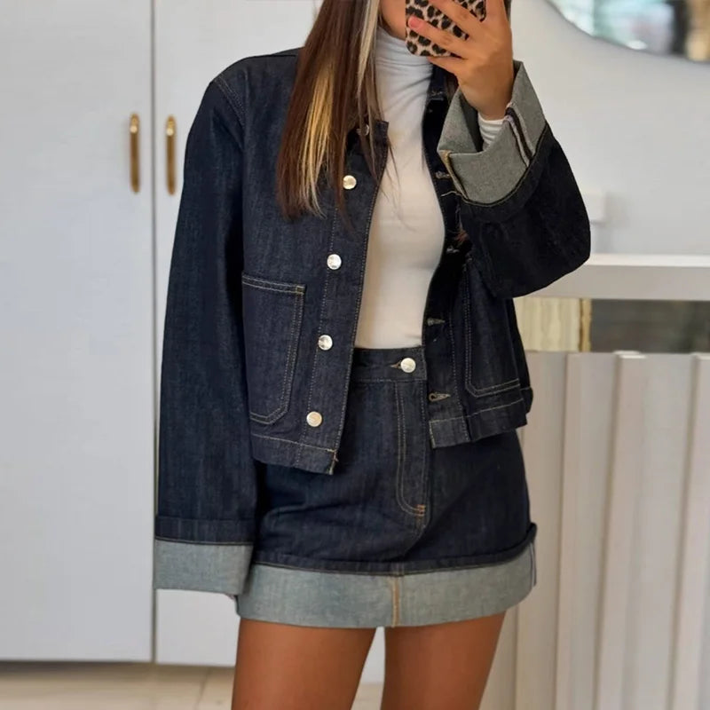 Casual Denim Two-Piece Set for Women Turndown Collar Long Sleeve Single Breasted Jacket with Pockets and Mini Skirt Stylish Summer Outfit