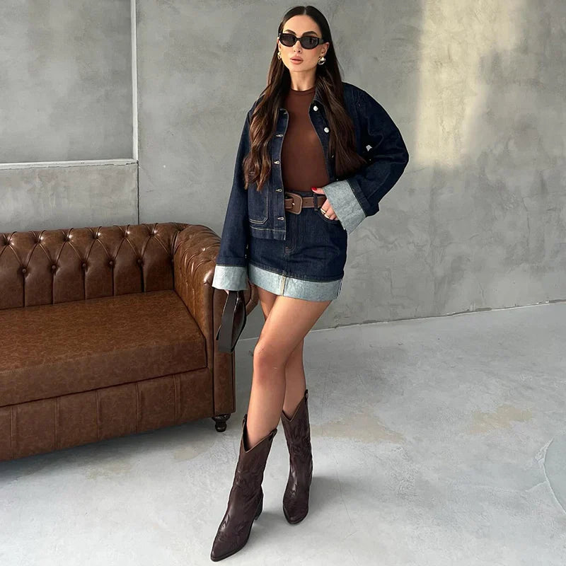 Casual Denim Two-Piece Set for Women Turndown Collar Long Sleeve Single Breasted Jacket with Pockets and Mini Skirt Stylish Summer Outfit