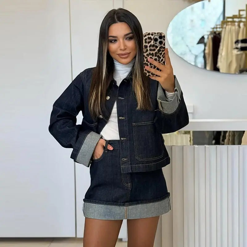 Casual Denim Two-Piece Set for Women Turndown Collar Long Sleeve Single Breasted Jacket with Pockets and Mini Skirt Stylish Summer Outfit