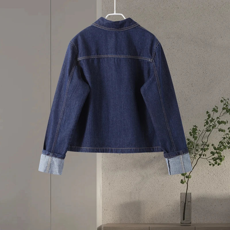 Casual Denim Two-Piece Set for Women Turndown Collar Long Sleeve Single Breasted Jacket with Pockets and Mini Skirt Stylish Summer Outfit