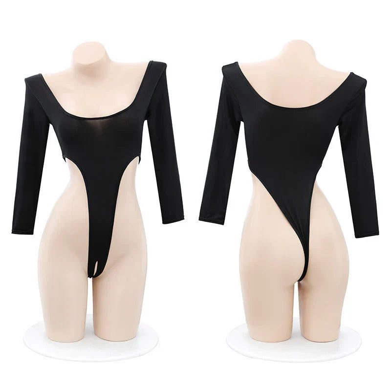 Black Sexy Bodycon Long Sleeve Off Shoulder Crotchless T-Shirt for Women Y2K Style Summer Streetwear Top