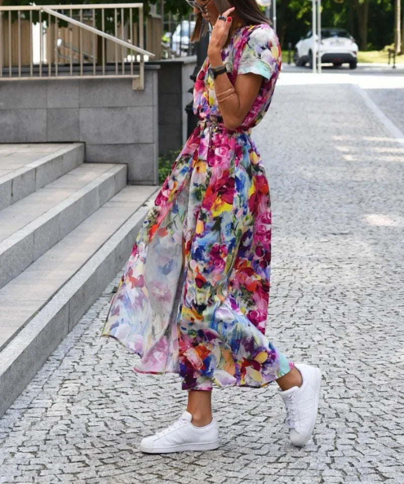 Women's Casual Floral Tie V-Neck Split Print Short Sleeve Long Dress with Loose Fit