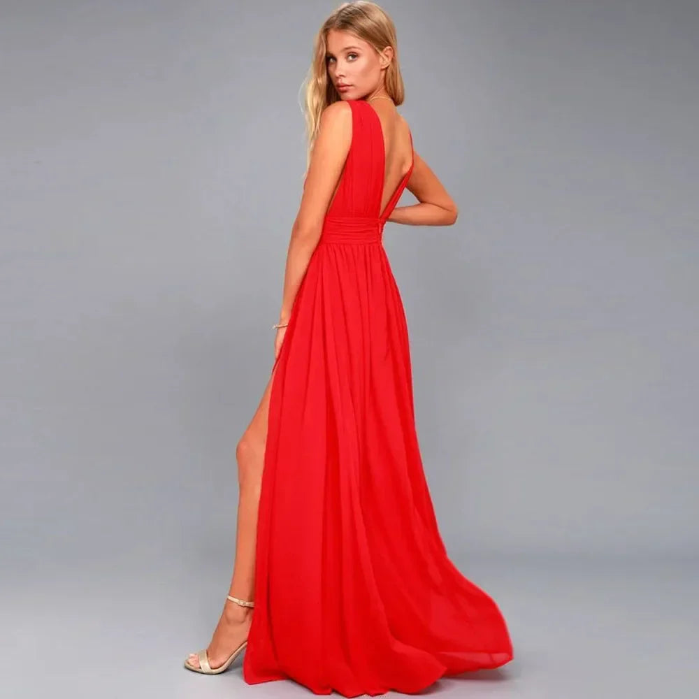 Elegant Backless Maxi Dress for Women with Mesh Long Bodycon Fit in Vibrant Red Perfect for Christmas Parties and Evening Events