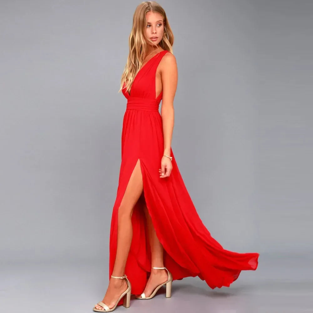Elegant Backless Maxi Dress for Women with Mesh Long Bodycon Fit in Vibrant Red Perfect for Christmas Parties and Evening Events