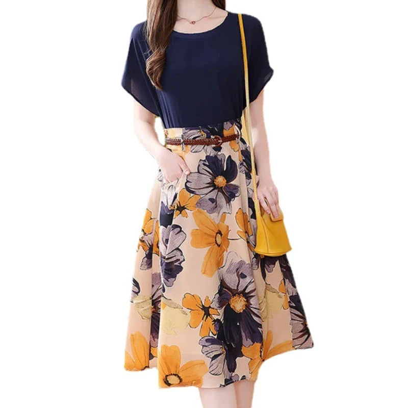 Retro Elegant Two Piece Dress Set for Women T-Shirt Top with A-Line Floral Skirt Office Lady Summer Outfit