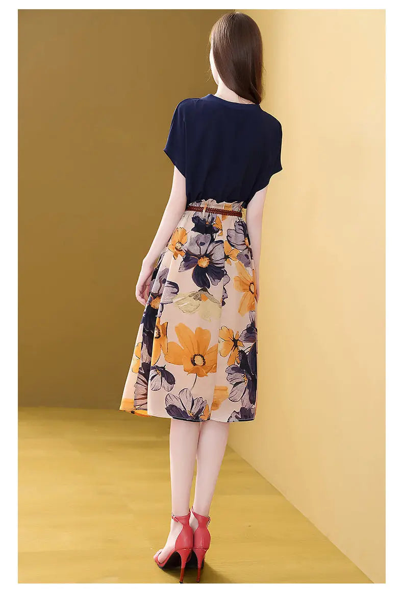 Retro Elegant Two Piece Dress Set for Women T-Shirt Top with A-Line Floral Skirt Office Lady Summer Outfit