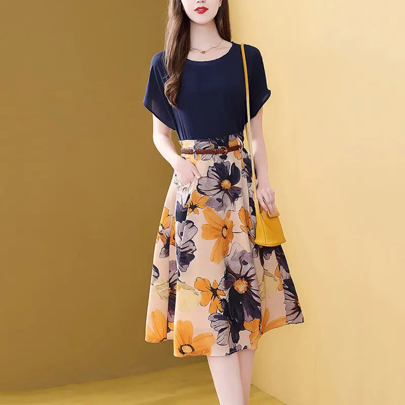 Retro Elegant Two Piece Dress Set for Women T-Shirt Top with A-Line Floral Skirt Office Lady Summer Outfit