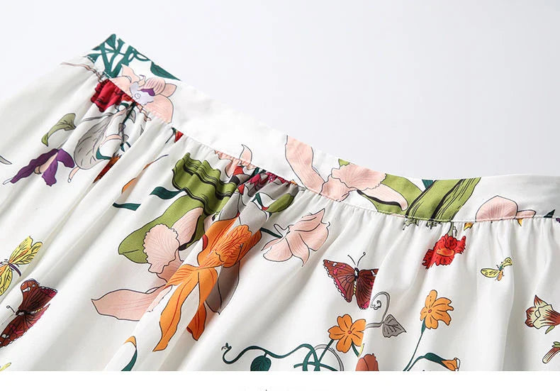 Retro Elegant Two Piece Dress Set for Women T-Shirt Top with A-Line Floral Skirt Office Lady Summer Outfit