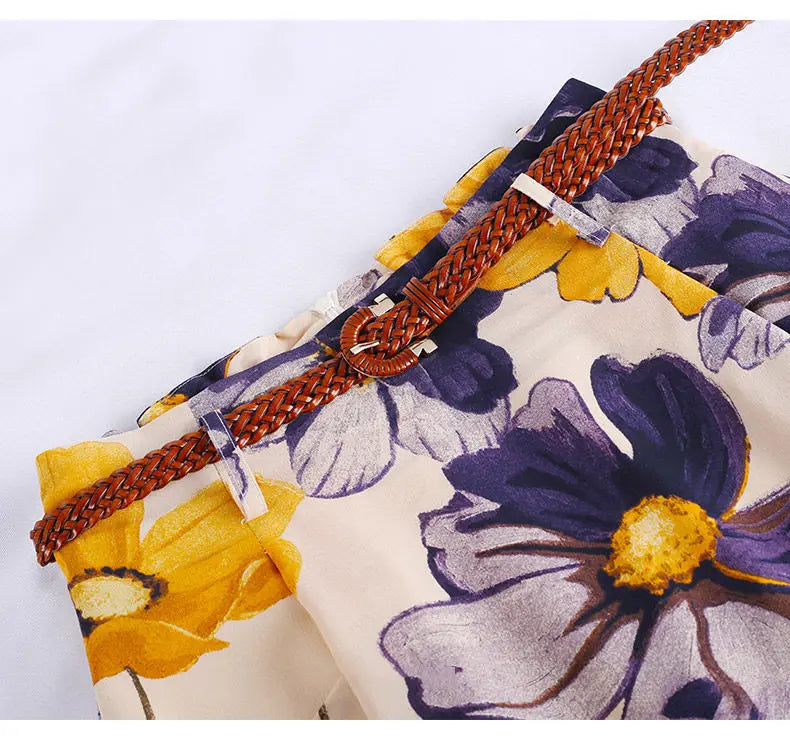 Retro Elegant Two Piece Dress Set for Women T-Shirt Top with A-Line Floral Skirt Office Lady Summer Outfit