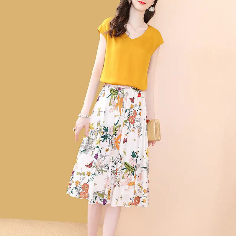 Retro Elegant Two Piece Dress Set for Women T-Shirt Top with A-Line Floral Skirt Office Lady Summer Outfit