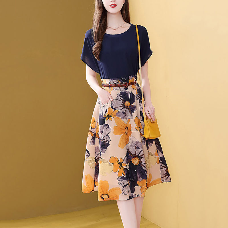 Retro Elegant Two Piece Dress Set for Women T-Shirt Top with A-Line Floral Skirt Office Lady Summer Outfit
