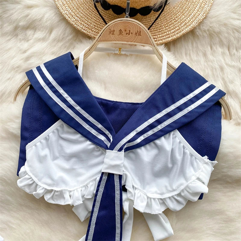 White Sailor Collar Strap Short JK Uniform Set with Pleated Skirt Sweet and Sexy Cosplay Lingerie Matching Outfit for Girls