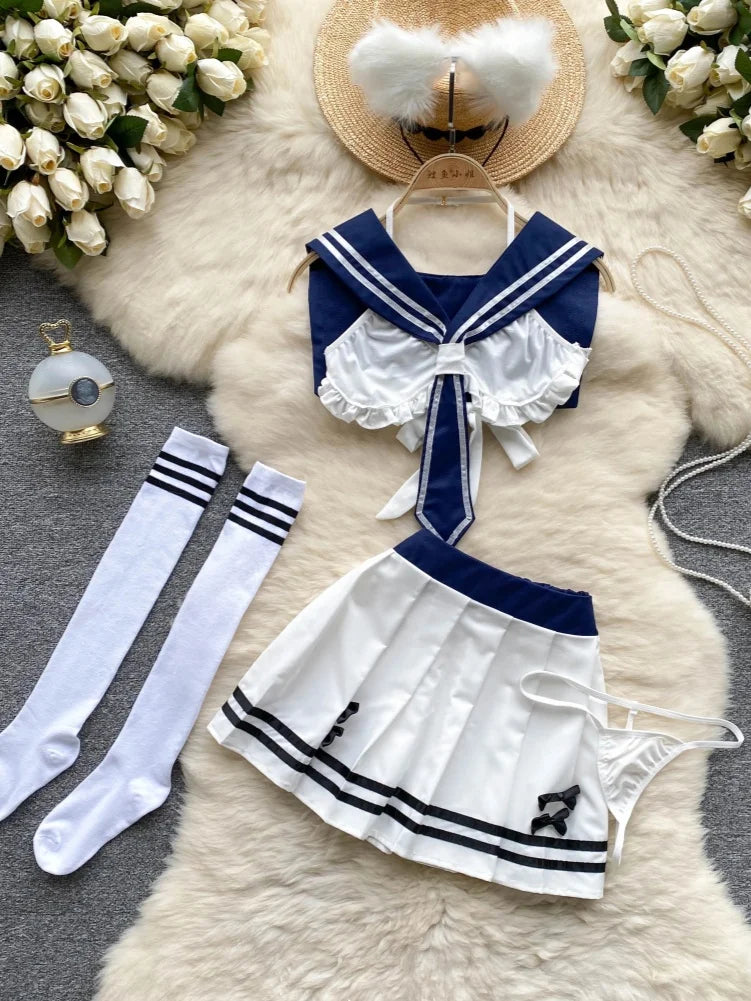 White Sailor Collar Strap Short JK Uniform Set with Pleated Skirt Sweet and Sexy Cosplay Lingerie Matching Outfit for Girls