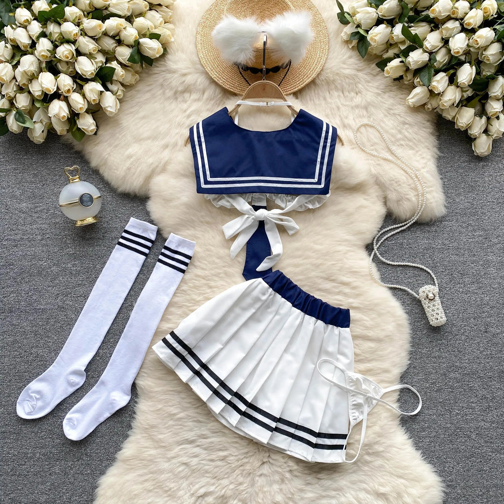 White Sailor Collar Strap Short JK Uniform Set with Pleated Skirt Sweet and Sexy Cosplay Lingerie Matching Outfit for Girls