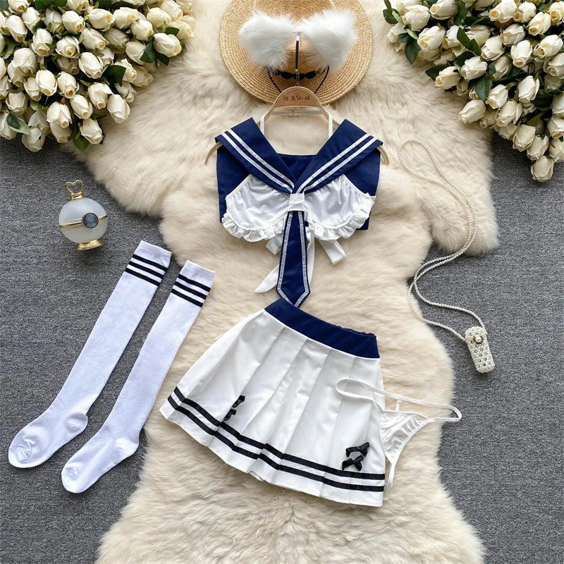 White Sailor Collar Strap Short JK Uniform Set with Pleated Skirt Sweet and Sexy Cosplay Lingerie Matching Outfit for Girls