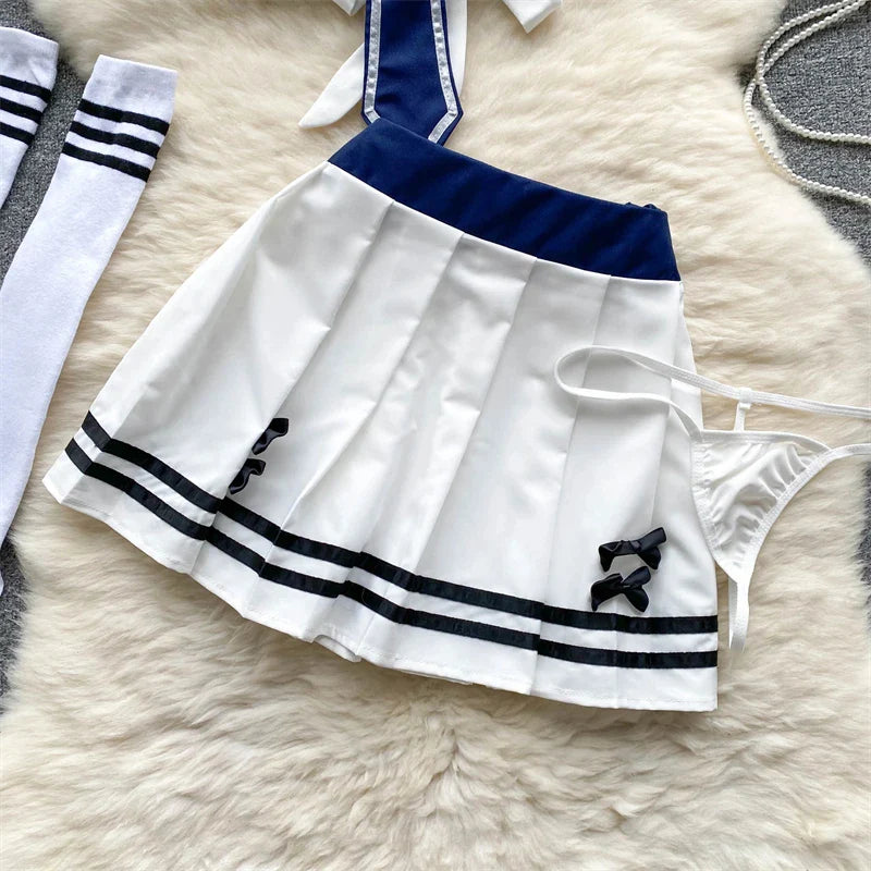 White Sailor Collar Strap Short JK Uniform Set with Pleated Skirt Sweet and Sexy Cosplay Lingerie Matching Outfit for Girls