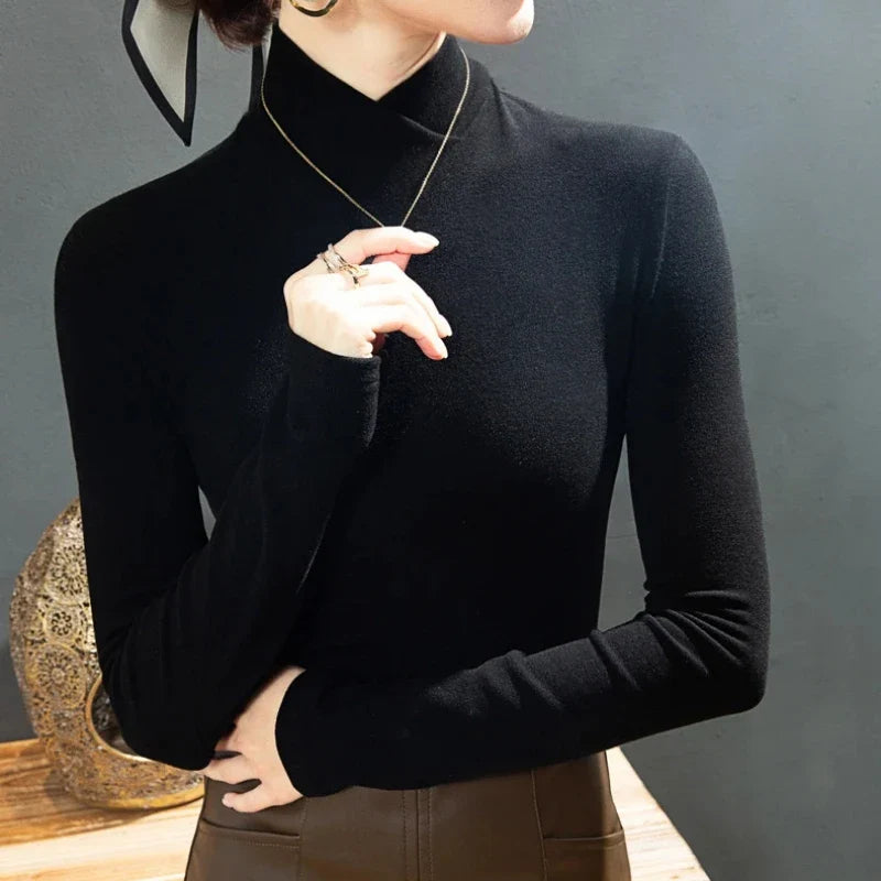 Sweet Elegance Thick Velvet Fleece Long Sleeve T-Shirt for Women with Half High Collar Basic Blouse Top in Vibrant Yellow