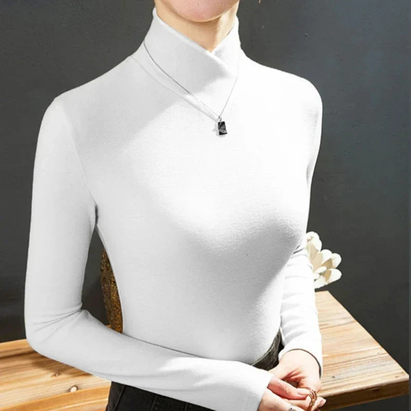 Sweet Elegance Thick Velvet Fleece Long Sleeve T-Shirt for Women with Half High Collar Basic Blouse Top in Vibrant Yellow