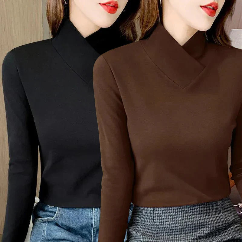 Sweet Elegance Thick Velvet Fleece Long Sleeve T-Shirt for Women with Half High Collar Basic Blouse Top in Vibrant Yellow