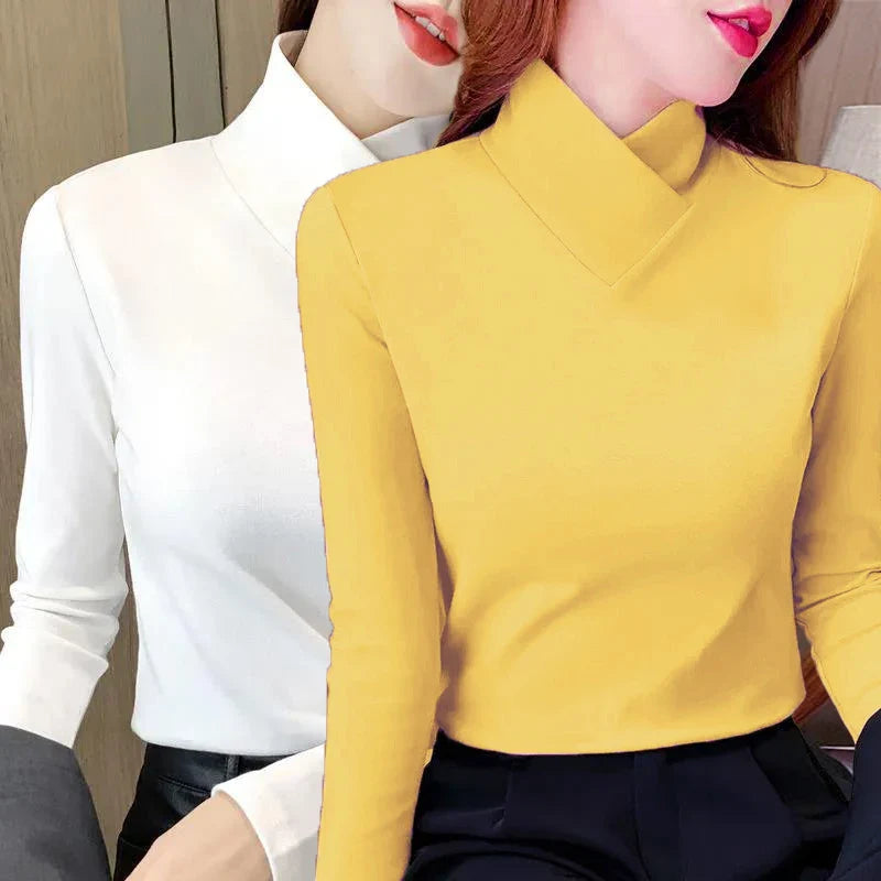 Sweet Elegance Thick Velvet Fleece Long Sleeve T-Shirt for Women with Half High Collar Basic Blouse Top in Vibrant Yellow