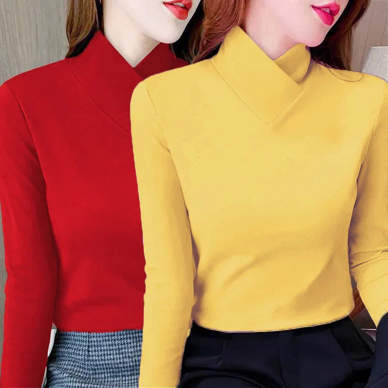 Sweet Elegance Thick Velvet Fleece Long Sleeve T-Shirt for Women with Half High Collar Basic Blouse Top in Vibrant Yellow