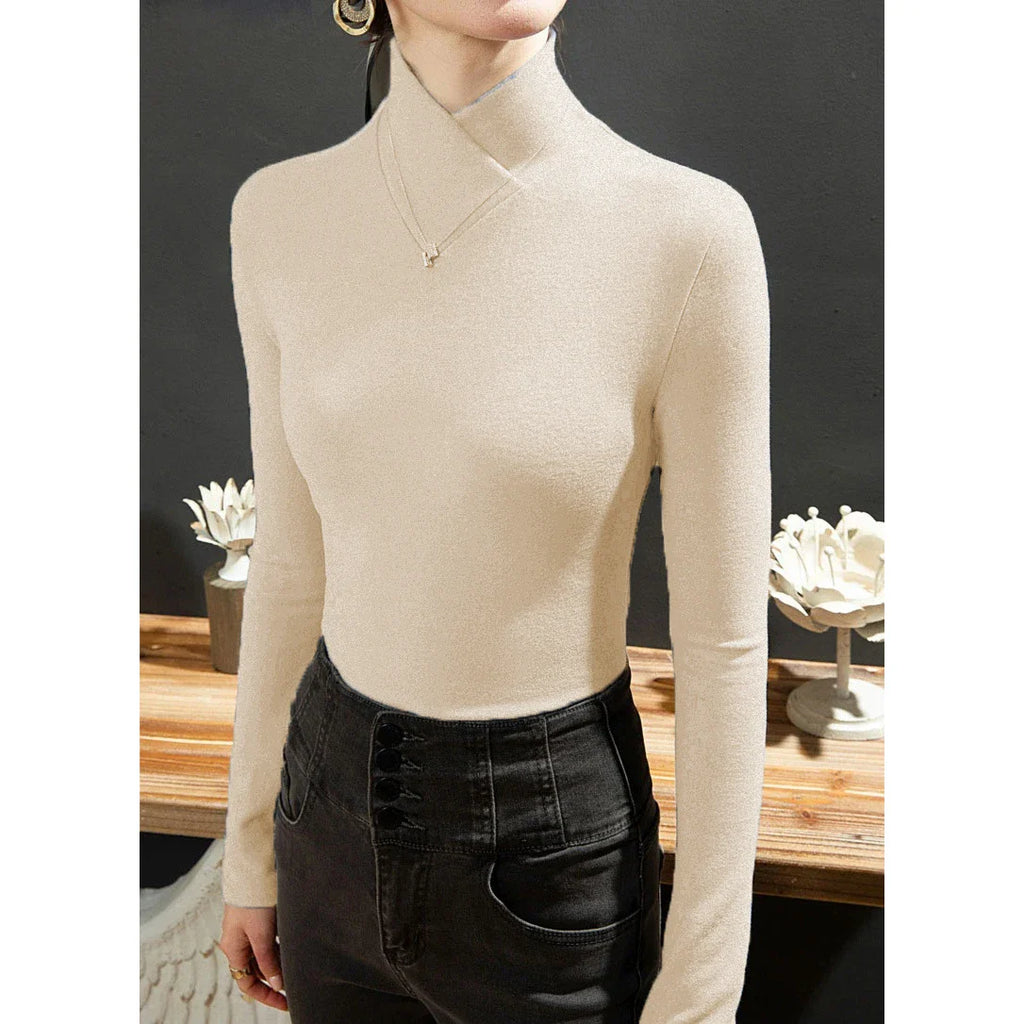 Sweet Elegance Thick Velvet Fleece Long Sleeve T-Shirt for Women with Half High Collar Basic Blouse Top in Vibrant Yellow