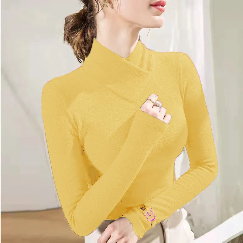 Sweet Elegance Thick Velvet Fleece Long Sleeve T-Shirt for Women with Half High Collar Basic Blouse Top in Vibrant Yellow