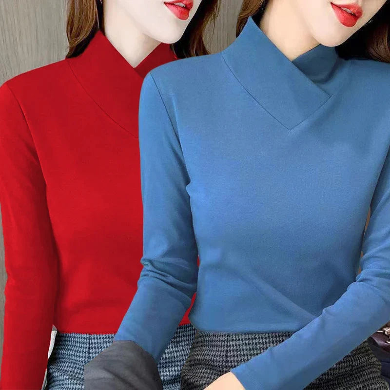 Sweet Elegance Thick Velvet Fleece Long Sleeve T-Shirt for Women with Half High Collar Basic Blouse Top in Vibrant Yellow