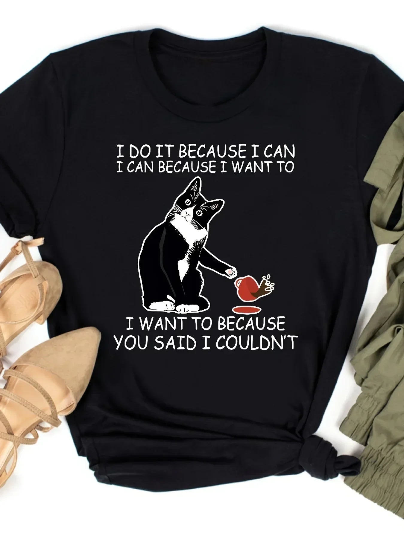 Women's Cat Letter Print Casual T-Shirt with Round Neck and Short Sleeves Slight Stretch Soft Activewear Tee in Plus Sizes M to 5XL