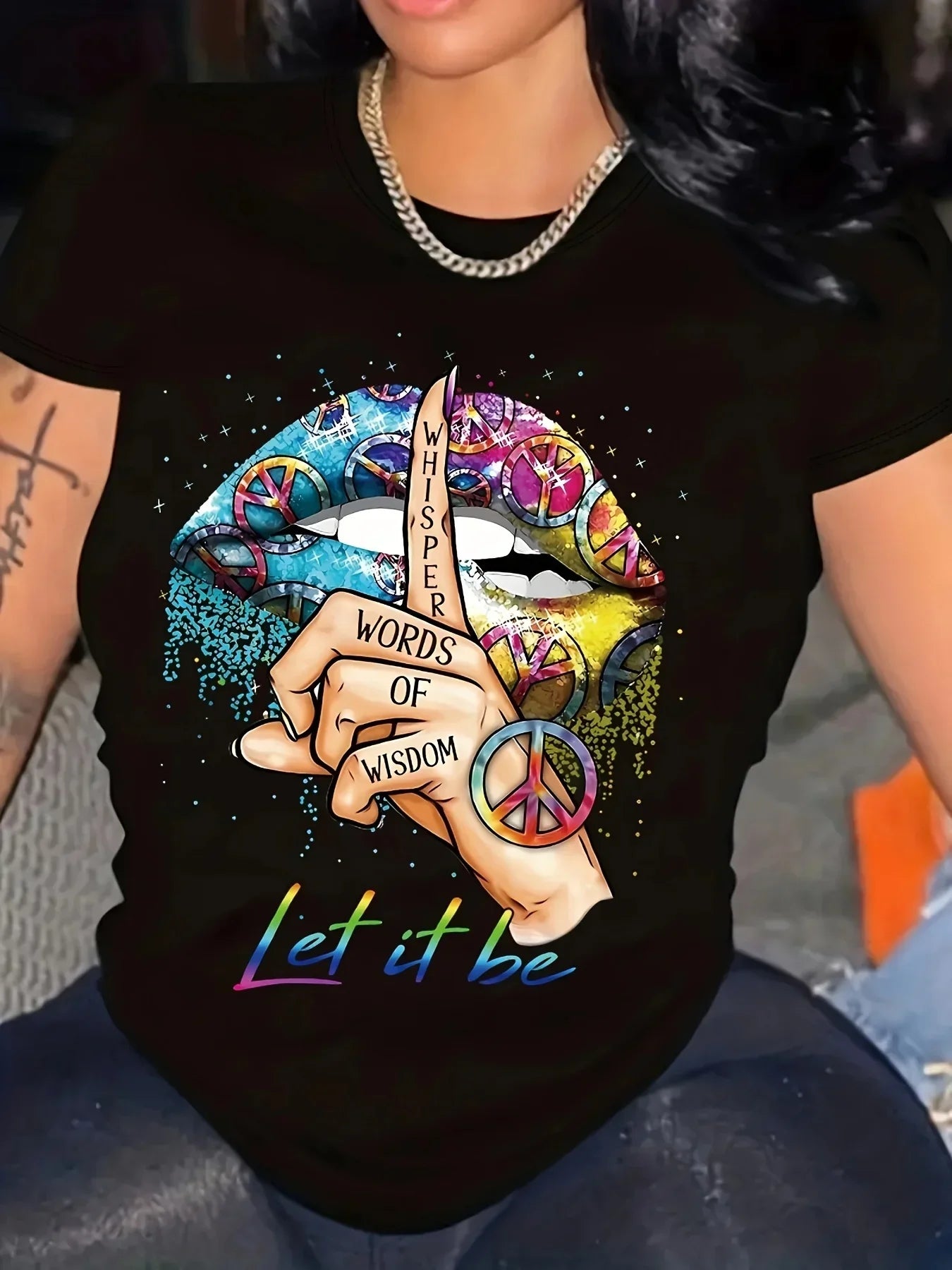 Women's Gesture Print Crew Neck T-Shirt Soft Comfortable Casual Short Sleeve Top for Spring and Summer