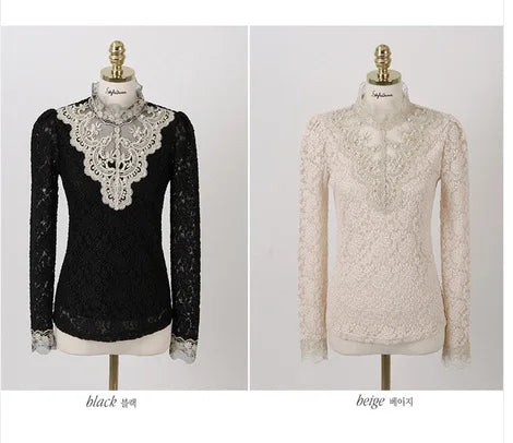 Vintage Women Lace Beads Long Sleeve T-Shirt Casual Warm Blouse Top with Hole Detail for Spring Autumn Winter