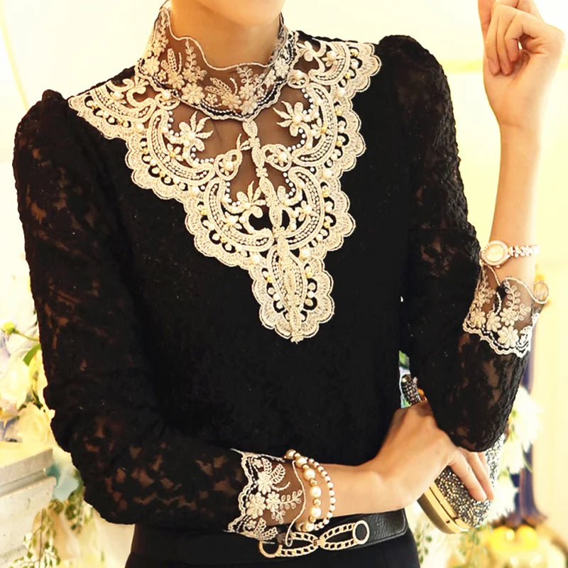 Vintage Women Lace Beads Long Sleeve T-Shirt Casual Warm Blouse Top with Hole Detail for Spring Autumn Winter