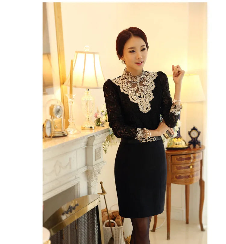 Vintage Women Lace Beads Long Sleeve T-Shirt Casual Warm Blouse Top with Hole Detail for Spring Autumn Winter