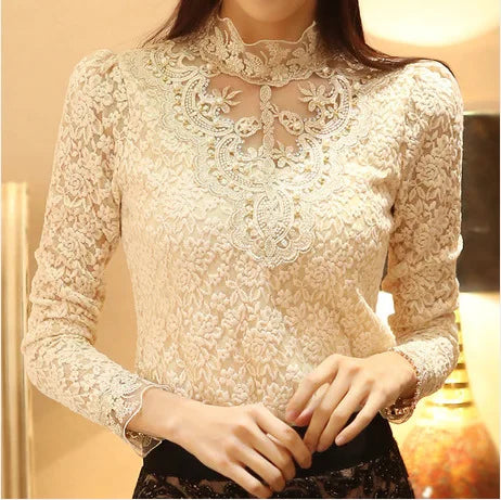 Vintage Women Lace Beads Long Sleeve T-Shirt Casual Warm Blouse Top with Hole Detail for Spring Autumn Winter